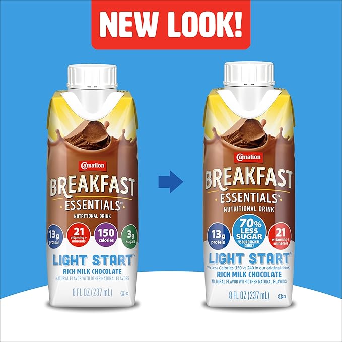Carnation Breakfast Essentials Light Start Nutritional Drink, 13g Protein Ready-to-Drink, 70% Less Sugar, Immune Support, Vitamins, Gluten Free, Chocolate, 8 FL OZ Carton (24 Pack)