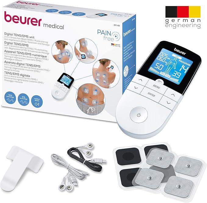 Beurer EM49 Digital TENS & EMS Device for Pain Relief and Muscle Stimulation, 15 TENS Programs, 35 EMS Programs, 2 Adjustable Channels with 4 Self-Adhesive Electrodes