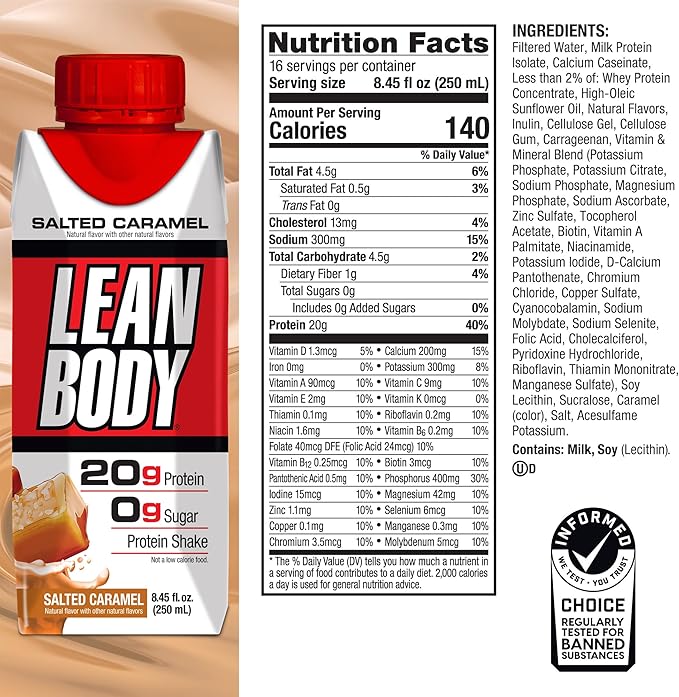 Lean Body Ready-to-Drink Salted Caramel Protein Shake, 20g Protein, Whey Blend, 0 Sugar, Gluten Free, 22 Vitamins & Minerals, (Recyclable Carton & Lid - Pack of 4)