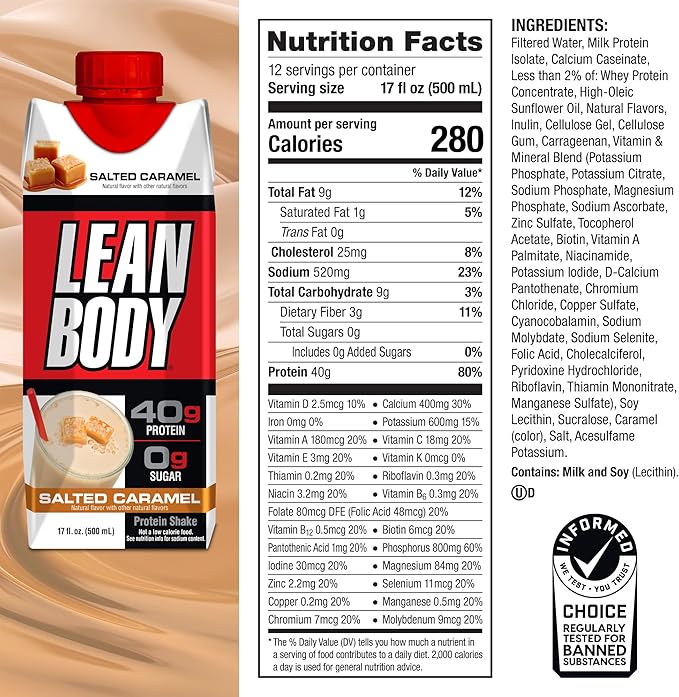 Lean Body Ready-to-Drink Salted Caramel Protein Shake, 40g Protein, Whey Blend, 0 Sugar, Gluten Free, 22 Vitamins & Minerals, 17 Fl Oz (Pack of 12)