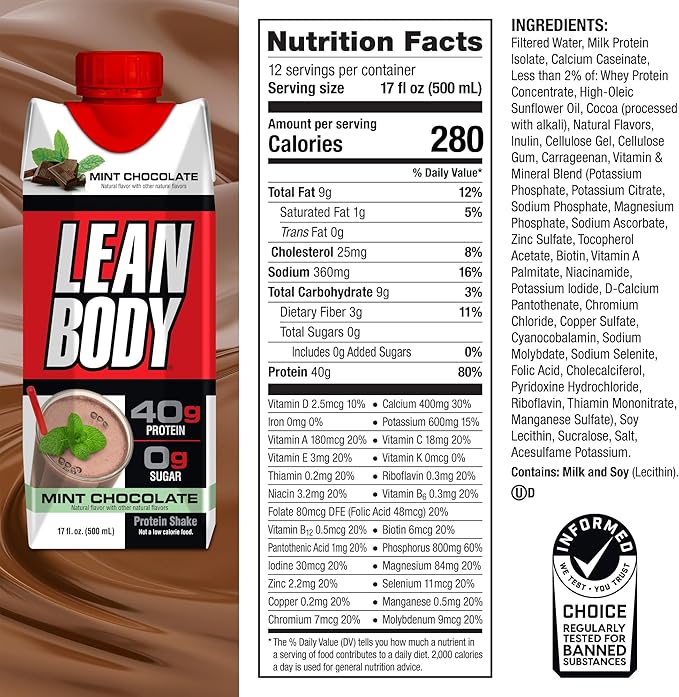 Labrada Lean Body Ready-to-Drink Mint Chocolate Protein Shake, 40g Protein, Whey Blend, 0 Sugar, Gluten Free, 22 Vitamins & Minerals, (Recyclable Carton & Lid - Pack of 12) LABRADA