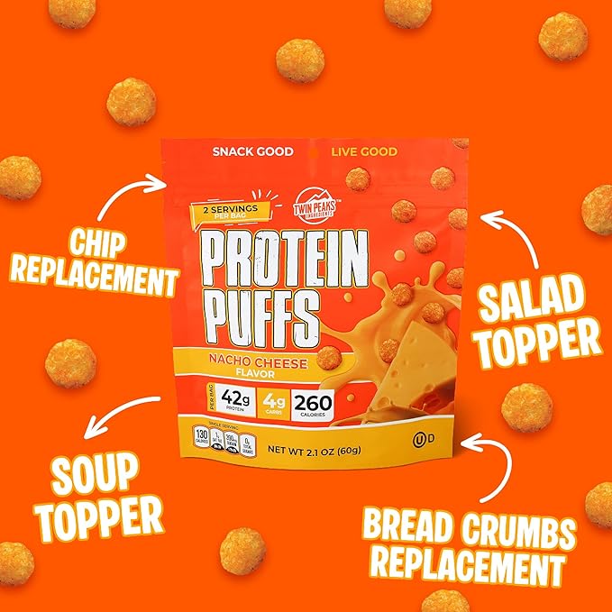 Twin Peaks Low Carb, Keto Friendly Protein Puffs, (Nacho Cheese), 2 Servings, 3 Pack (60g, 42g Protein, 4g Carbs)