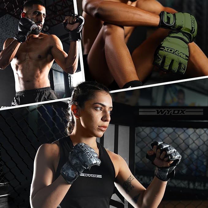WYOX MMA Gloves for Men & Women β Grappling & Sparring Boxing Gloves with Open Palm Design, Padded Fingerless Training Gloves for Kickboxing, Muay Thai, Youth & Heavy Bag Workouts