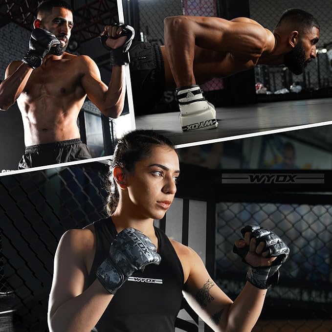 WYOX MMA Gloves for Men & Women β Grappling & Sparring Boxing Gloves with Open Palm Design, Padded Fingerless Training Gloves for Kickboxing, Muay Thai, Youth & Heavy Bag Workouts