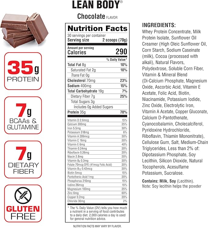 Lean Body All-in-One Chocolate Protein Shake. 35g Protein, Whey Blend, 7g Healthy Fats & Fiber, 22 Vitamins and Minerals, No Artificial Colors, Gluten Free, (4.6lb) Packaging May Vary