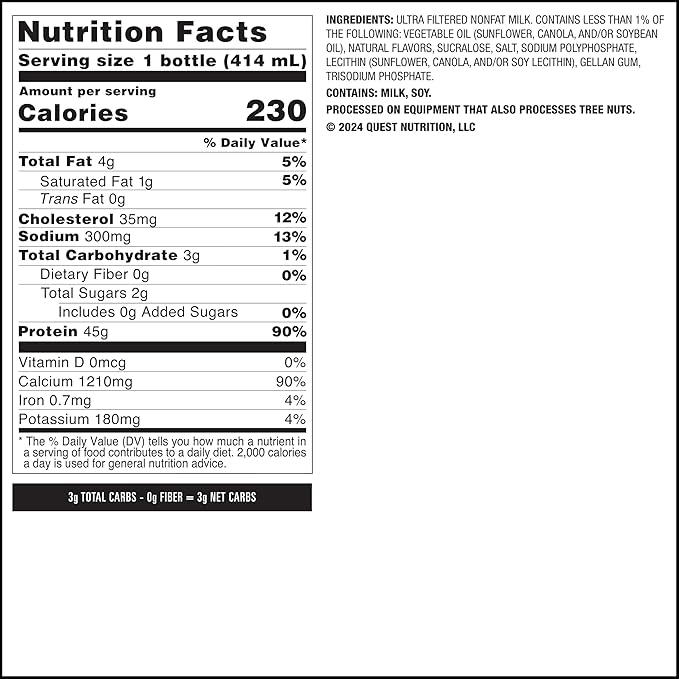 Quest Nutrition Vanilla Protein Shake, 45g Protein, 2g Sugar, 3g Net Carbs, Ready to Drink, Gluten Free, 4 Count