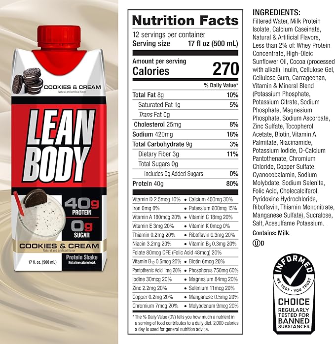 Lean Body Ready-to-Drink Cookies and Cream Protein Shake, 40g Protein, Whey Blend , 0 Sugar, Gluten No, 22 Vitamins & Minerals, (Recyclable Carton & Lid - Pack of 12) LABRADA , 17 Fl Oz (Pack of 12)