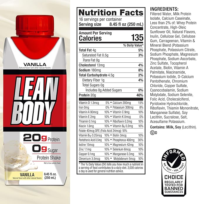 LABRADA Nutrition - Lean Body RTD Whey Protein Shake, Convenient On-The-Go Meal Replacement Shake for Men & Women, 20 Grams of Protein – Zero Sugar, Lactose & Gluten Free, Vanilla (Pack of 16)