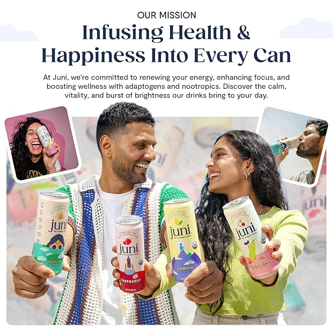 Juni Sparkling Adaptogen Drink with Ashwagandha, Lion’s Mane & Reishi Mushrooms | Green Tea for Focus, Zero Sugar, 5 Calories | Decaffeinated, Non Alcoholic Drinks - Cherry Lime 12 pack