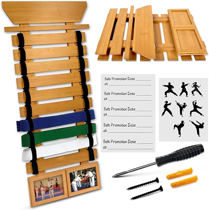 Karate Belt Display Rack - Bamboo 10 Taekwondo Belt Display with Customization Stickers, 2 Picture Frames, Self-Adhesive Adjustable Strips & Hanging Kit Taekwondo Gifts