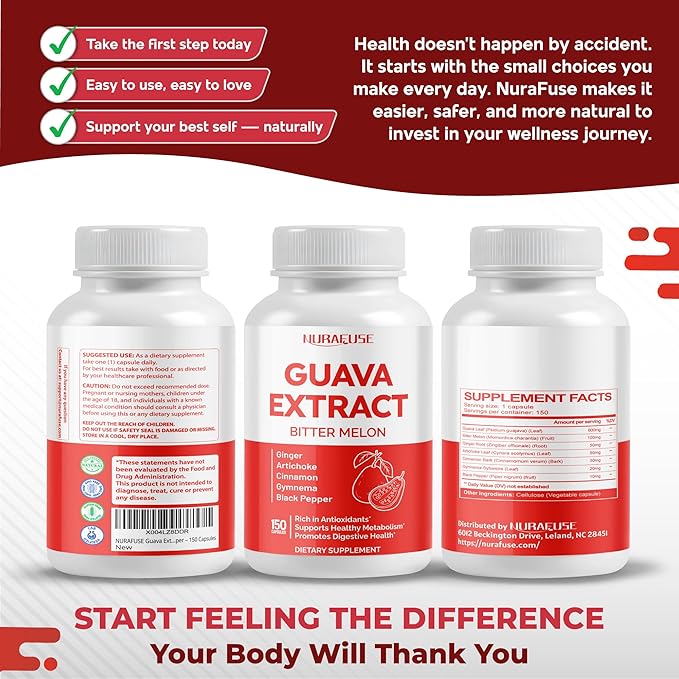 Guava Extract & Bitter Melon – Rich in Antioxidants, Supports Healthy Metabolism & Digestive Health – with Ginger, Artichoke, Cinnamon, Gymnema & Black Pepper – 150 Capsules
