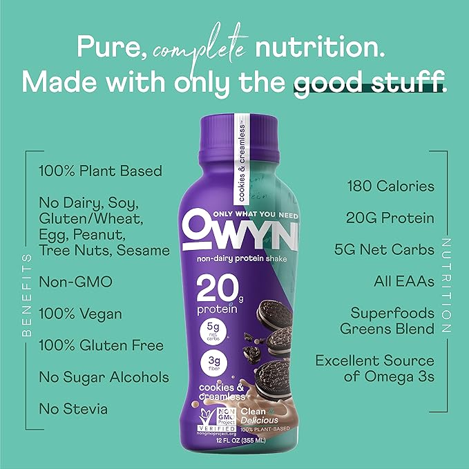 OWYN Only What You Need Plant Based Protein Shake, 20g Vegan Protein from Organic Pumpkin Seed, Flax, Pea Blend, Prebiotic Supplement, Superfood Greens, Gluten & Soy-Free (Cookies & Creamless)