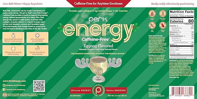 Perk Energy Original Caffeine-Free Eggnog (20 Servings) - Gluten Free, Soy Free, Peanut Free