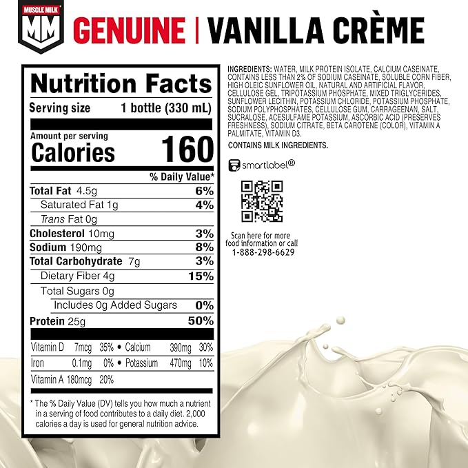 Muscle Milk Genuine Protein Shake, Vanilla Creme, 11.16 Fl Oz Bottle, 12 Pack, 25g Protein, Zero Sugar, Calcium, Vitamins A, C & D, 5g Fiber, Energizing Snack, Workout Recovery, Packaging May Vary