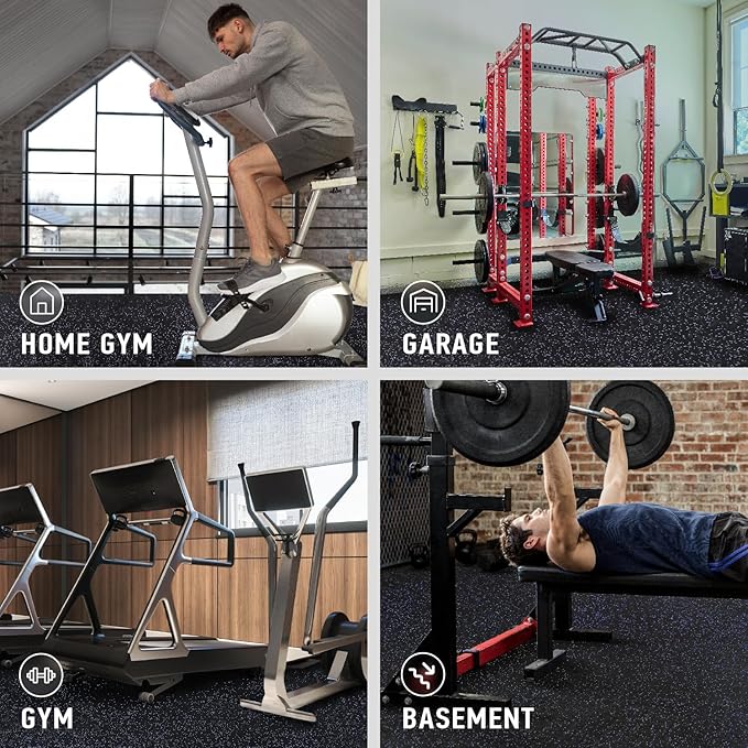 0.56in Thick 24 Sq Ft Exercise Equipment Mats, 6 Tiles Upgraded Rubber Top with High Density EVA Foam, Large Interlocking Puzzle Gym Flooring for Home Gym, Heavy Weight Workout, Black & Purple