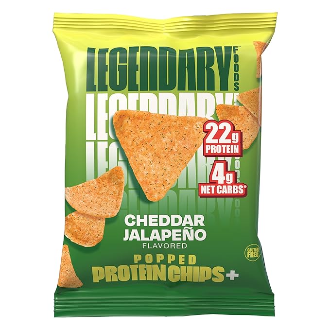 Legendary Foods Cheddar Jalapeño Protein Chips – Popped Tortilla Style – 22g High Protein, 4g Net Carbs, Low Sugar, Gluten Free, Keto Snack Packs – 10 Count – Healthy Crunchy Chips