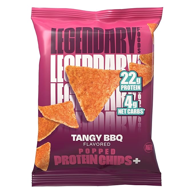 Legendary Foods Tangy BBQ Protein Chips – Popped Tortilla Style – 22g High Protein, 4g Net Carbs, Low Sugar, Gluten Free, Keto Snack Packs – 10 Count – Healthy Crunchy Chips
