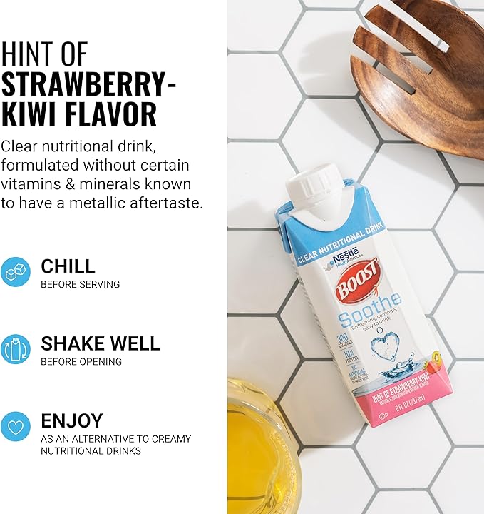 BOOST Soothe Clear Nutritional Drink – Cooling sensation - 300 Calories - 10 g Protein from Whey Protein Isolate - Hint of Strawberry Kiwi Flavor - 8 fl oz (Pack of 24)