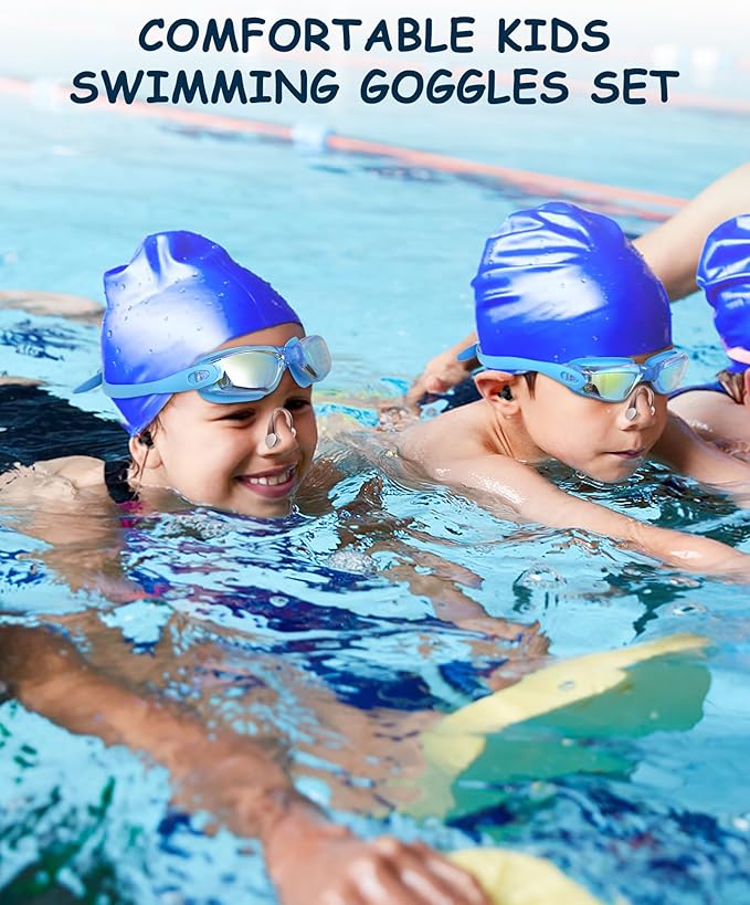 Kids Swim Goggles, Swimming Goggles for Kids Toddlers 3-14 with Swim Cap, Nose Clip, Nose Bridge, Ear Plugs