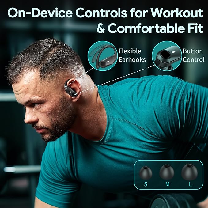GOLREX Active Noise Cancelling Ear Buds Wireless Earbuds Bluetooth Headphones with 80H Playtime LED Display Wireless Charging Case, Over-Ear Hooks Earbud for Sports Running Gym Workout Black