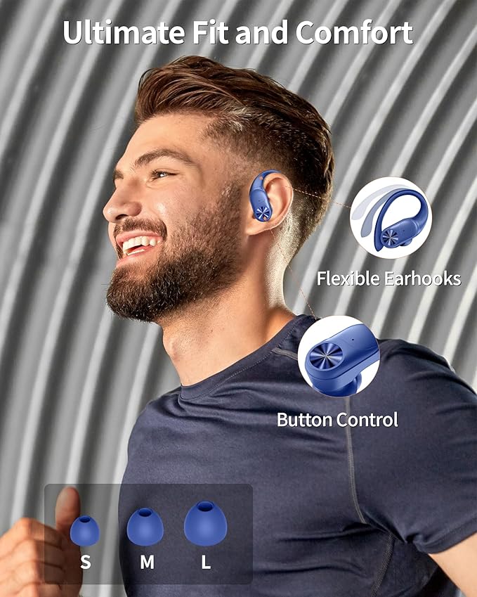 PocBuds Bluetooth Headphones Wireless Earbuds 80hrs Playtime Wireless Charging Case Digital Display Sports Ear Buds with Earhook Deep Bass IPX7 Waterproof Over-Ear Earphones for TV Phone Laptop Navy