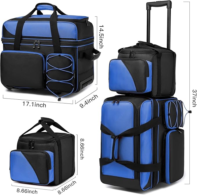 3 Ball Bowling Bag with Wheels, Bowling Bag 3 Ball Roller with Separate Shoe Compartment and Accessory Pocket, 2 Ball Roller Bag Plus Single Ball Tote