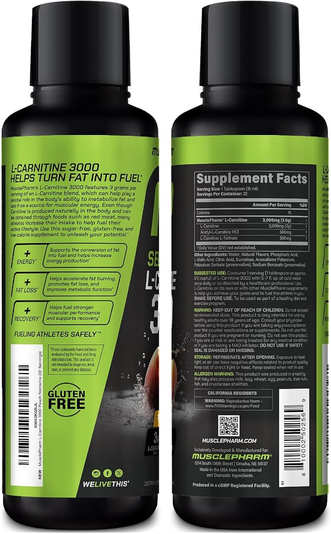 Muscle Pharm L-Carnitine 3000, The Ultimate Liquid L Carnitine Supplement for High-Performance, Supports Metabolism, Hydration & Energy, Zero Sugar/Calories, Peach Nectarine Flavor, 32 Servings