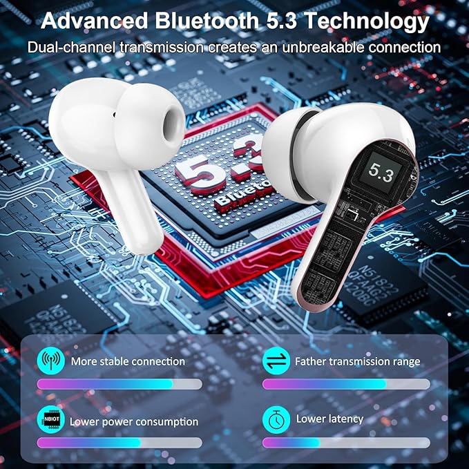 Wireless Earbuds Bluetooth Headphones, 2025 Hi-Fi Stereo Deep Bass Ear Buds, 4 ENC Noise Cancelling Mic, USB Fast Charging in-Ear Earphones, IP7 Waterproof Workout Sport for Laptop Pad Android iOS