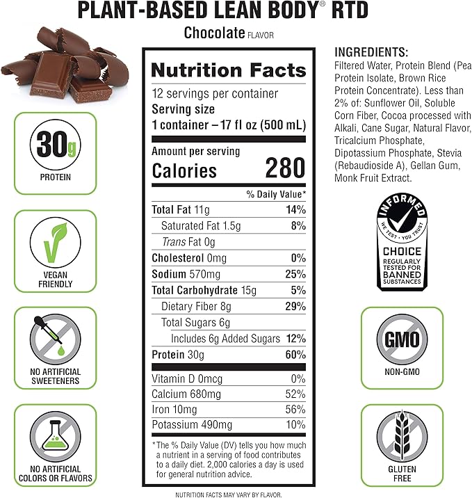Lean Body Ready-to-Drink, Plant-Based Vegan Chocolate Protein Shake, 30g Protein, No Artificial Flavors, Sweeteners or Colors, Non GMO, Gluten Free, Premium Pea & Rice Blend (Pack of 12)
