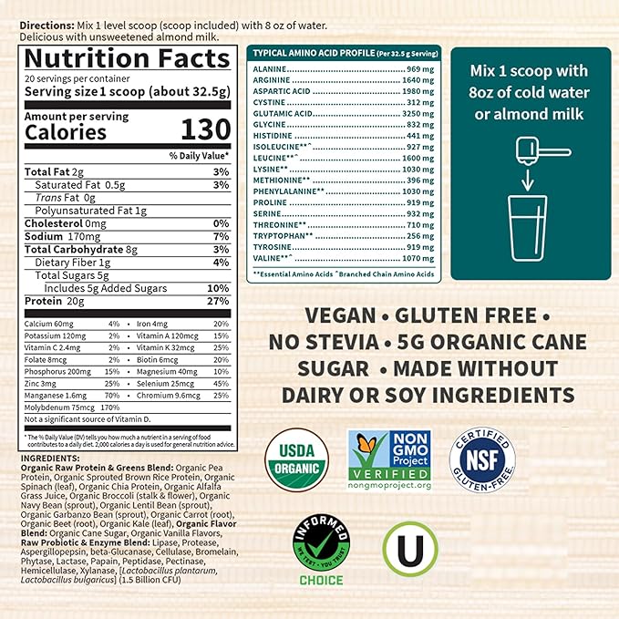 Garden of Life Raw Organic Protein & Greens Lightly Sweet, Vegan Protein Powder for Women and Men, Plant and Pea Protein, Greens, Probiotics, Gluten Free Low Carb Shake Made Without Dairy 20 Servings