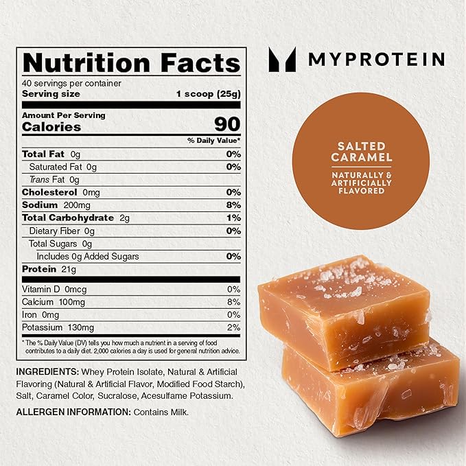 Myprotein Impact Whey Protein Isolate, 2.2 Lbs (40 Servings) Salted Caramel, 21g Protein & 6g BCAA Per Serving, Gluten-Free Shake for Muscle Strength & Recovery