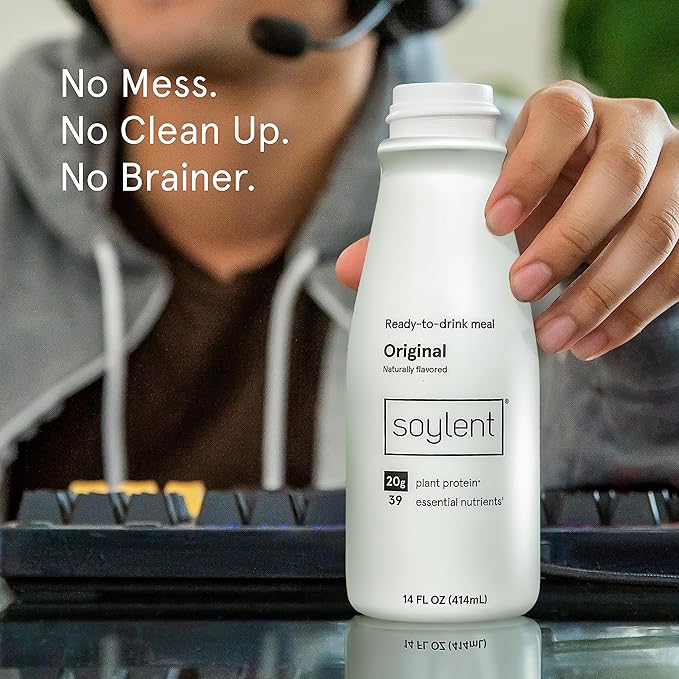 Soylent Original Meal Replacement Shake, Ready-to-Drink Plant Based Protein Drink, Contains 20g Complete Vegan Protein and 1g Sugar, 14oz, 12 Pack