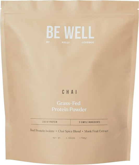 Be Well by Kelly Chai Grass-Fed Beef Protein Powder, 23G of Protein & 1G of Carbs (3 Ingredients, 30 Servings) 9 Amino Acids + 3 BCAAs No Soy, No Dairy, Stevia-Free, No Sugar Added 1.65lb 750g