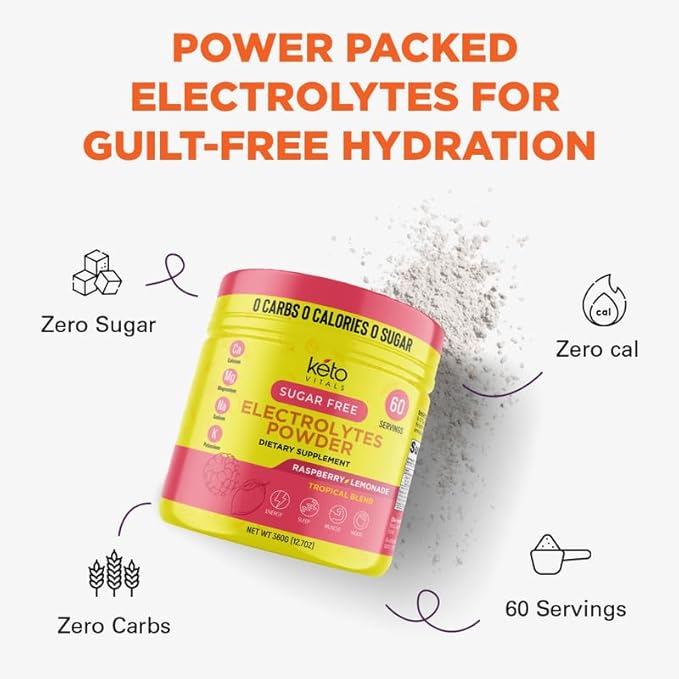 Keto Vitals Electrolytes Powder - Sugar Free Keto Electrolytes Powder with Potassium, Magnesium, Sodium, & Calcium - No Sugar Electrolyte Drink Mix & Hydration Powder, 60 Servings, Raspberry Lemonade