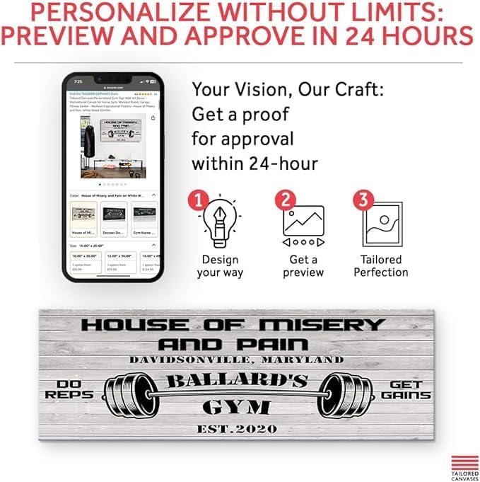 Tailored Canvases Personalized Gym Sign Wall Art Decor - Motivational Canvas for Home Gym, Workout Room, Garage, Fitness Center - Workout Inspirational Posters - House of Misery and Pain, White Wood 48x16in