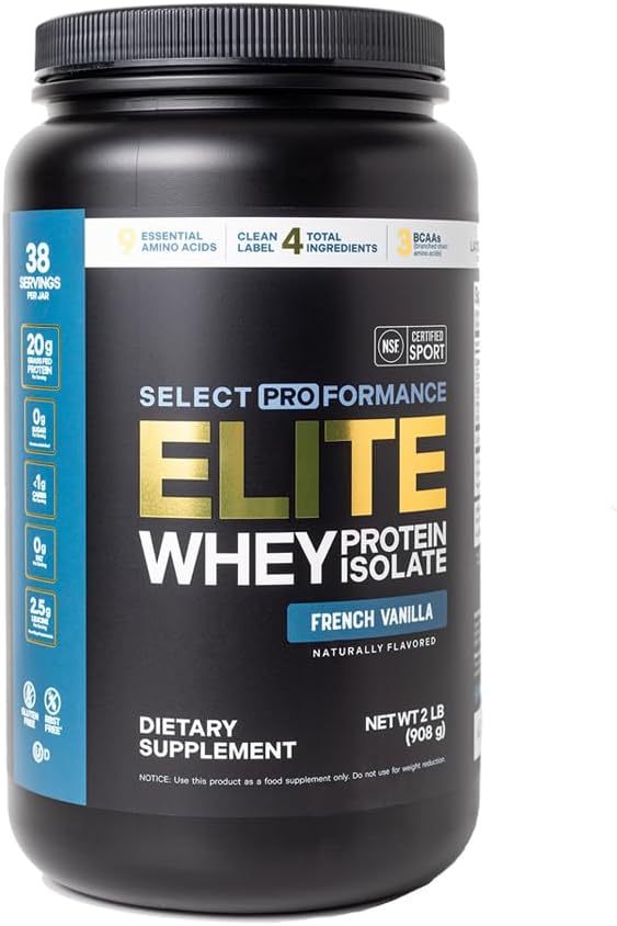 Select Proformance Elite Whey Protein Isolate Powder, French Vanilla, NSF Certified, No Added Sugar, 20g of Protein per Serving, 38 Servings, 2 Lbs