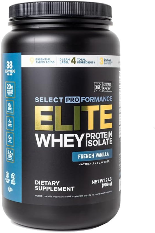 Select Proformance Elite Whey Protein Isolate Powder, French Vanilla, NSF Certified, No Added Sugar, 20g of Protein per Serving, 38 Servings, 2 Lbs