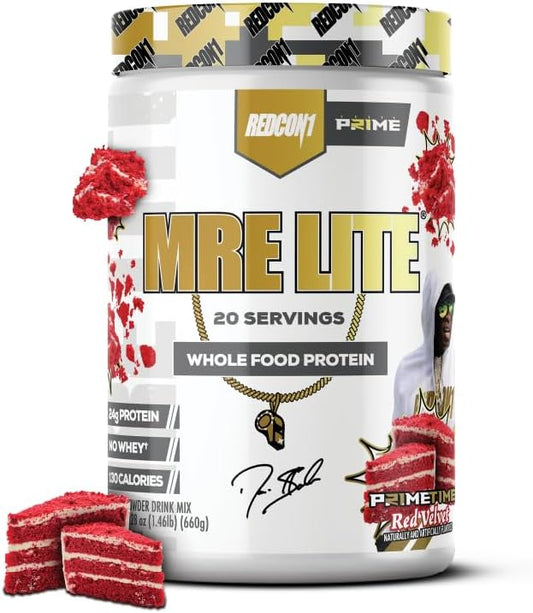 REDCON1 Whole Food Animal Protein Powder - Coach Prime MRE Lite Protein Powder - Low Carb with No Whey - 24g Protein - Prime Time Red Velvet (20 Servings)
