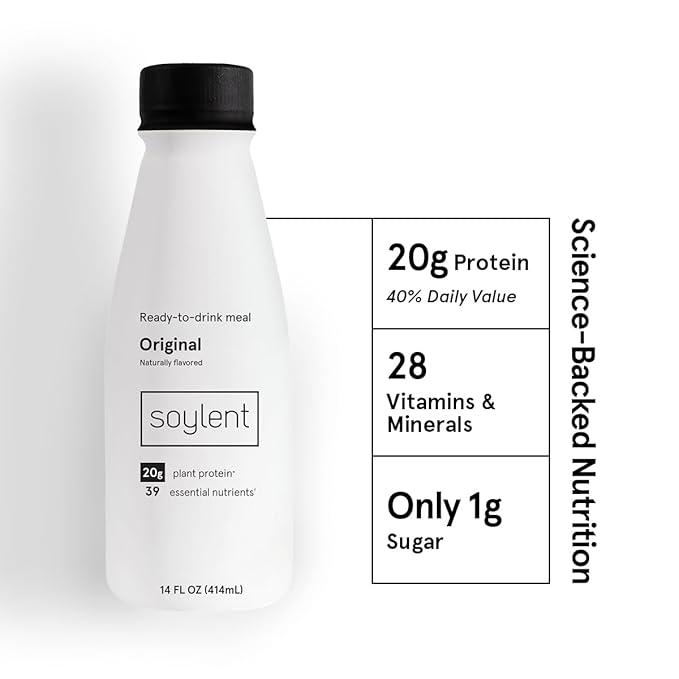 Soylent Original Meal Replacement Shake, Ready-to-Drink Plant Based Protein Drink, Contains 20g Complete Vegan Protein and 1g Sugar, 14oz, 12 Pack