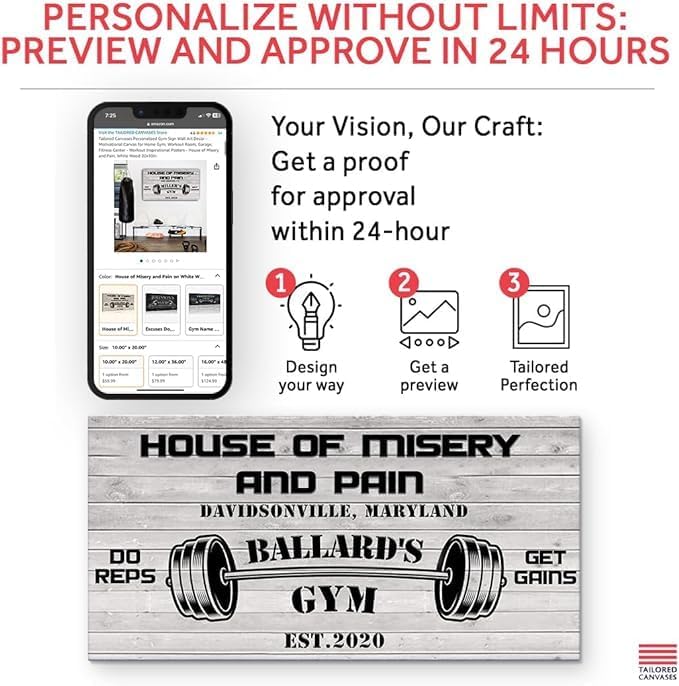 Tailored Canvases Personalized Gym Sign Wall Art Decor - Motivational Canvas for Home Gym, Workout Room, Garage, Fitness Center - Workout Inspirational Posters - House of Misery and Pain, White Wood 60x30in