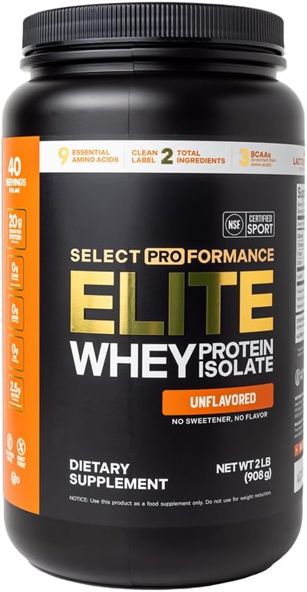 Select Proformance Elite Whey Protein Isolate Powder, Unflavored, NSF Certified, No Added Sugar, 20g of Protein per Serving, 40 Servings, 2 Lbs