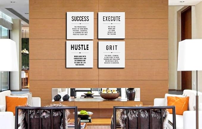 Motivational Grit Success Execute Hustle White Quotes Canvas Wall Art -Inspirational Wall Art Poster Canvas Artwork Picture Print Framed for Home Bedroom-16 x16in x4pcs