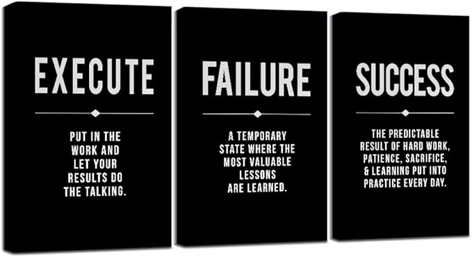 Framed Canvas Wall Art Success Quote, Office Wall Art, Black Large Poster, Positive Motivational Set of 3 Prints, Execute Failure Definition, Inspirational Print (A-3pcs,20x30inchx3pcs)