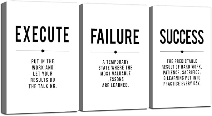 Framed Canvas Wall Art Success Quote, Office Wall Art, Black Large Poster, Positive Motivational Set of 3 Prints, Execute Failure Success Poster, Inspirational Print (D-3pcs,16x24inchx3pcs)