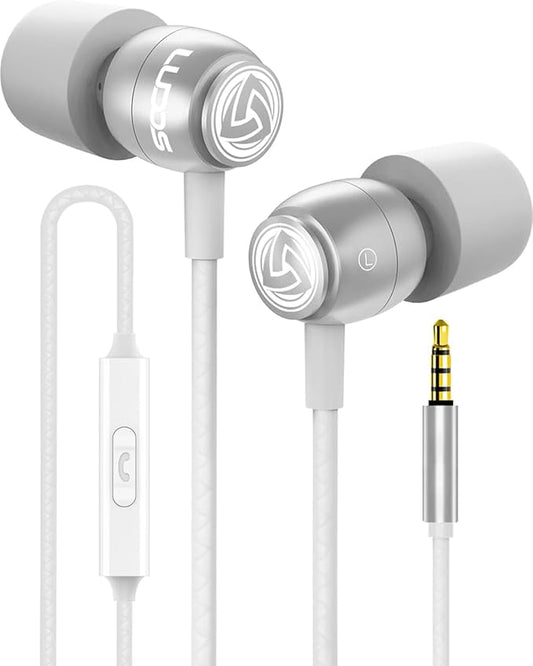 LUDOS Clamor Wired Earbuds in-Ear Headphones, 5 Years Warranty, Earphones with Microphone, Noise Isolating Ear Buds, Memory Foam for iPhone, Samsung, School Students, Kids, Women, Small Ears - White