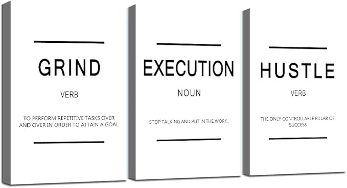 Framed Canvas Wall Art Success Quote, Office Wall Art, White Large Poster, Positive Motivational Set of 3 Prints, Grind Execution Hustle Poster, Inspirational Print