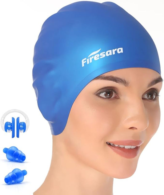 Firesara Swim Cap, Original Updated Swimming Cap 3D Ergonomic Design Comfortable Durable Ear Protection for Women Kids Men Adults Boys Girls for Long or Short Hair with Nose Clip and Ear Plugs