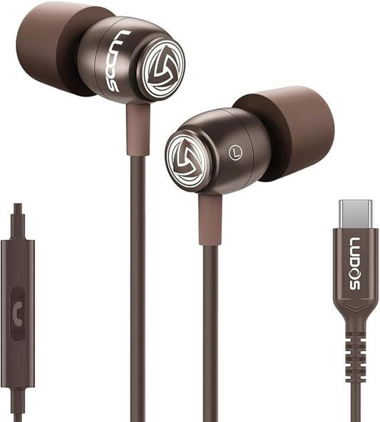 LUDOS Clamor USB C Headphones for iPhone 16 15 Pro Max Plus iPad Pro, 5 Years Warranty, USB-C Earbuds for Samsung Galaxy S24 S23 Ultra S22 S21 FE S20 A55 A54 A53, USB Type C Earphones - Brown