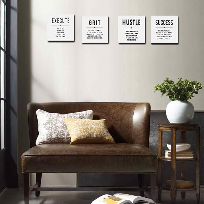 Motivational Grit Success Execute Hustle White Quotes Canvas Wall Art -Inspirational Wall Art Poster Canvas Artwork Picture Print Framed for Home Bedroom-16 x16in x4pcs