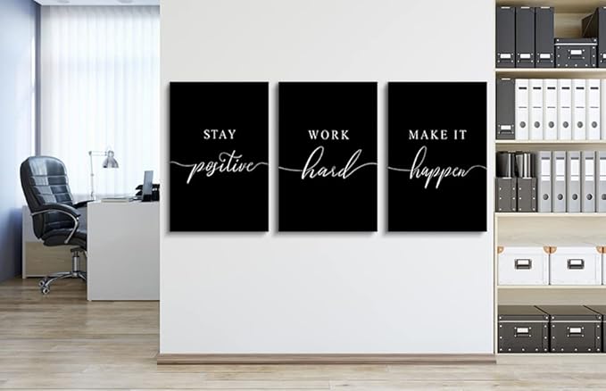 Work Hard Canvas Wall Art - Success Quote, Office Decor - Black Large Poster, Positive Motivational Set of 3 Prints (16x24in x 3pcs)